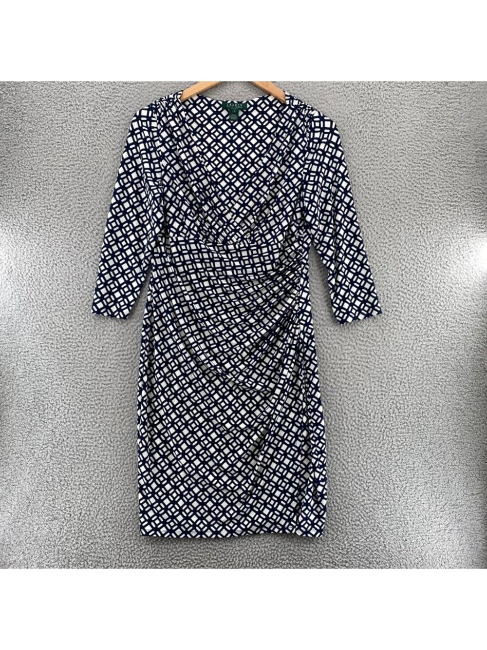Lauren Ralph Lauren Dress Womens 12 Navy White Medallion Empire Waist Surplice